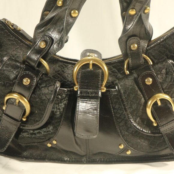 Vtg Kate Landry Black Cow Hair Gold Buckle Purse - Picture 3 of 11